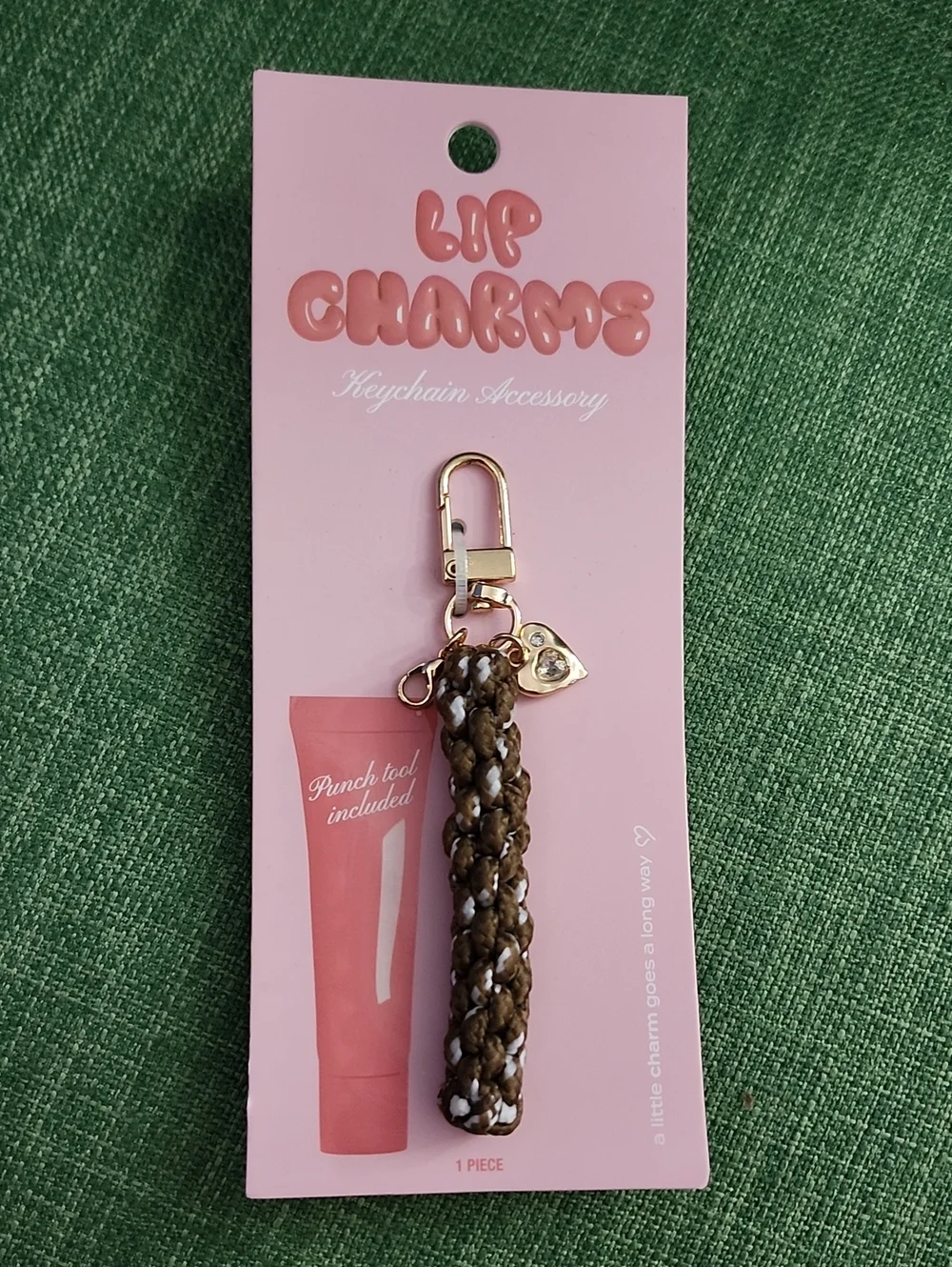 Lip Charms Brown Braided Keychain With Heart Charm Accessory